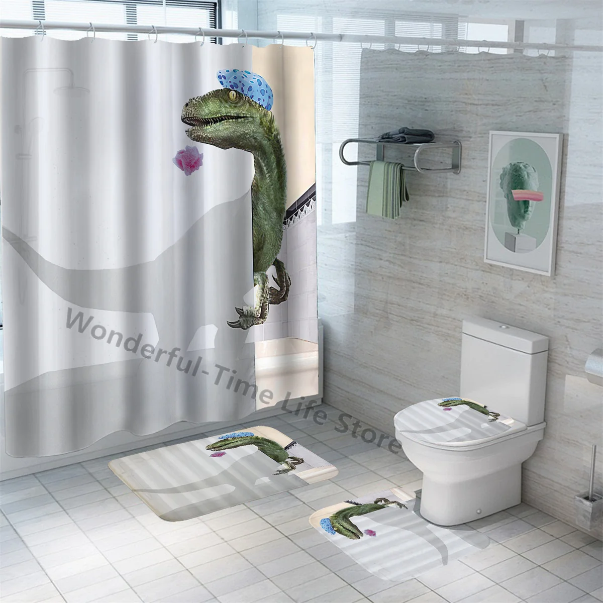 Funny Dinosaur Shower Curtain Kid Cute Cartoon Children Fun Girl Boy White Bath Waterproof Polyester Curtains Bathroom Decor