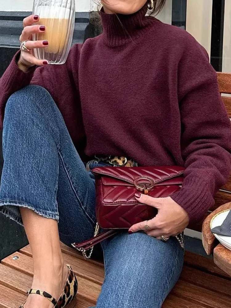 HH Women Vintage Burgundy Turtleneck Sweater Casual Long Sleeve Knitted Pullover Spring Autumn Women Solid Warm Knitwear