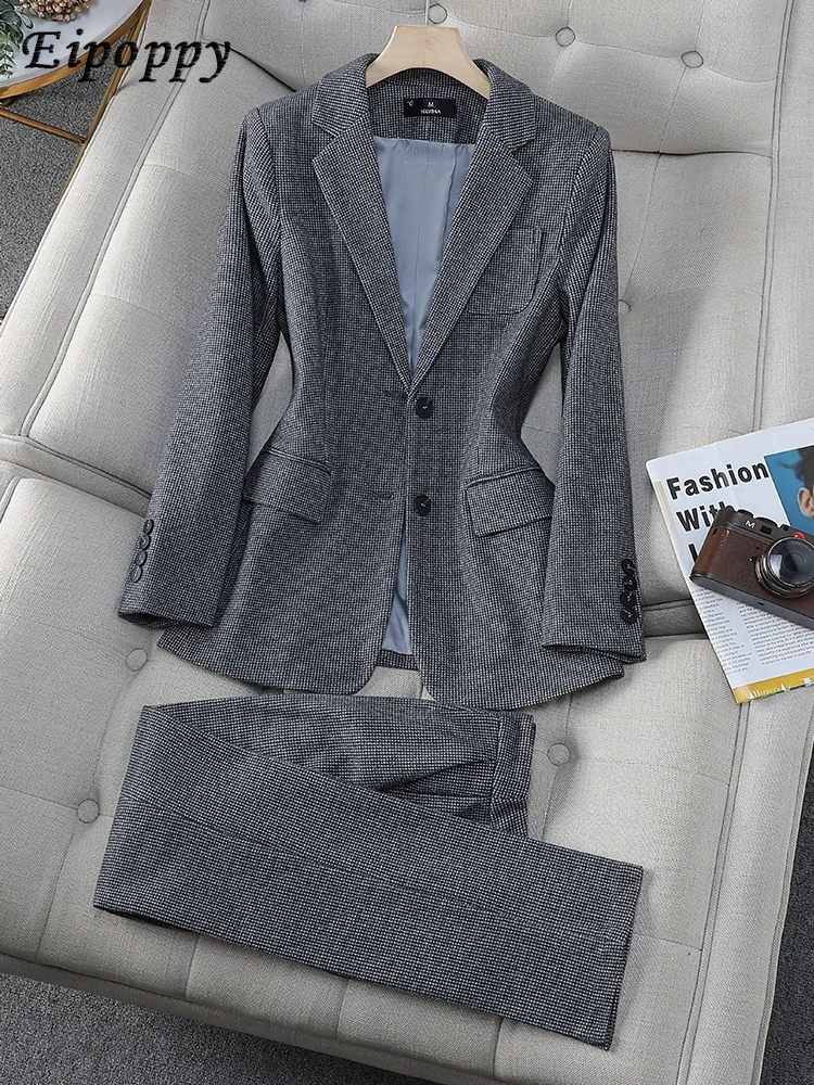 

Women's Business Pant Suit Blazer Coffee Gray Plaid Office Ladies Jacket and Trouser Female Work Wear Formal 2 Piece Set