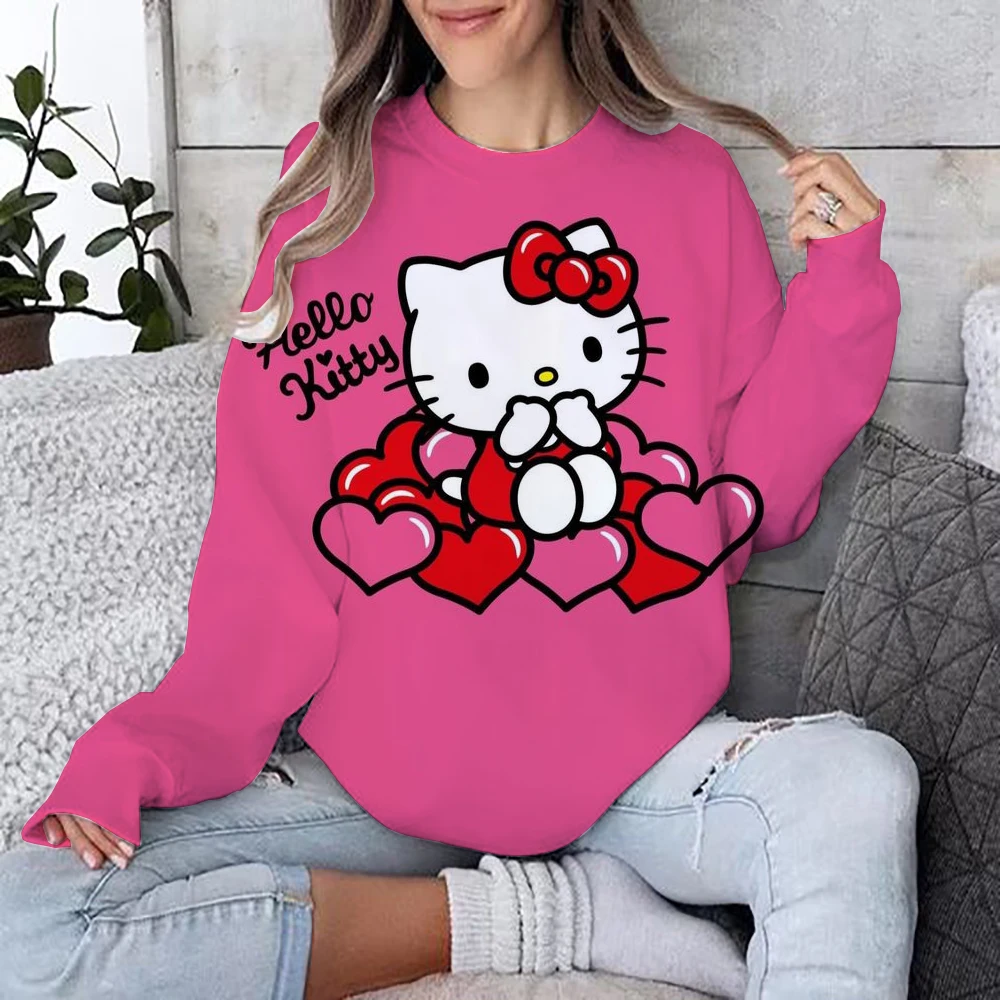 Women\'s Hello Kitty Coulomi Printed Sweatshirt, High Street Women\'s Hoodie, Y2K Pattern Clothing, Casual Round Neck Sweater