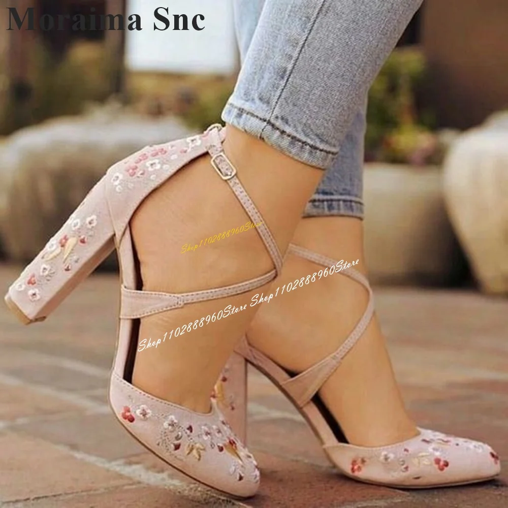 

Apricot Flock Flower Decor Casual Sandals Chunky High Heel Women Shoes Ankle Buckle Strap Pointed Toe 2024 Zapatos Para Mujere