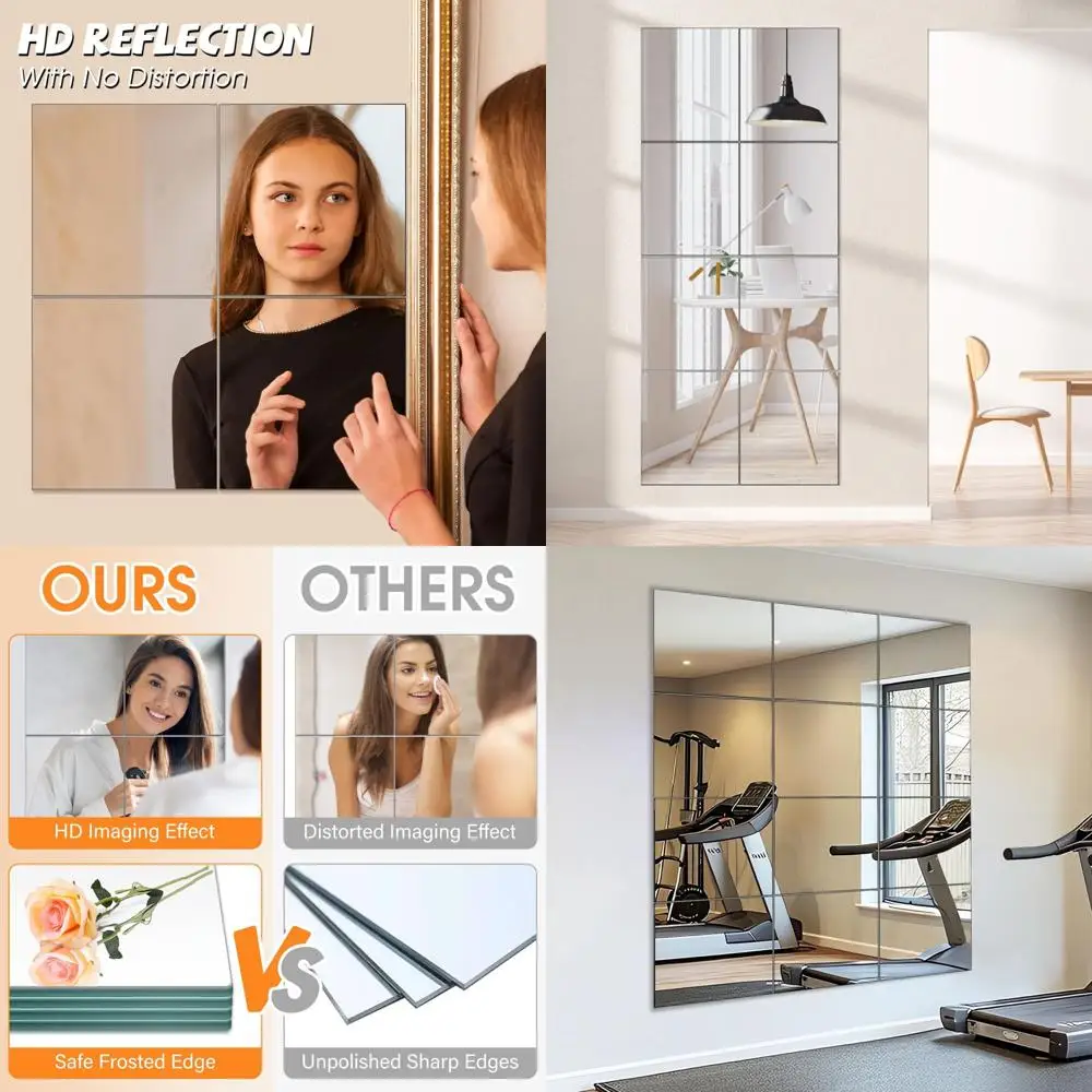 12 x 12 hochauflösende Glas-Wandspiegel für Heim-Fitnessstudio, Schlafzimmer, Wohnzimmer und mehr