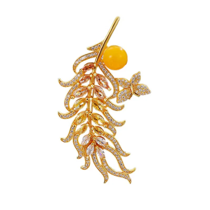 luxury brooch yellow crystal wheat ear brooches for women exquisite yellow beeswax Feather broche cheongsam Hanfu accessory gift view 6