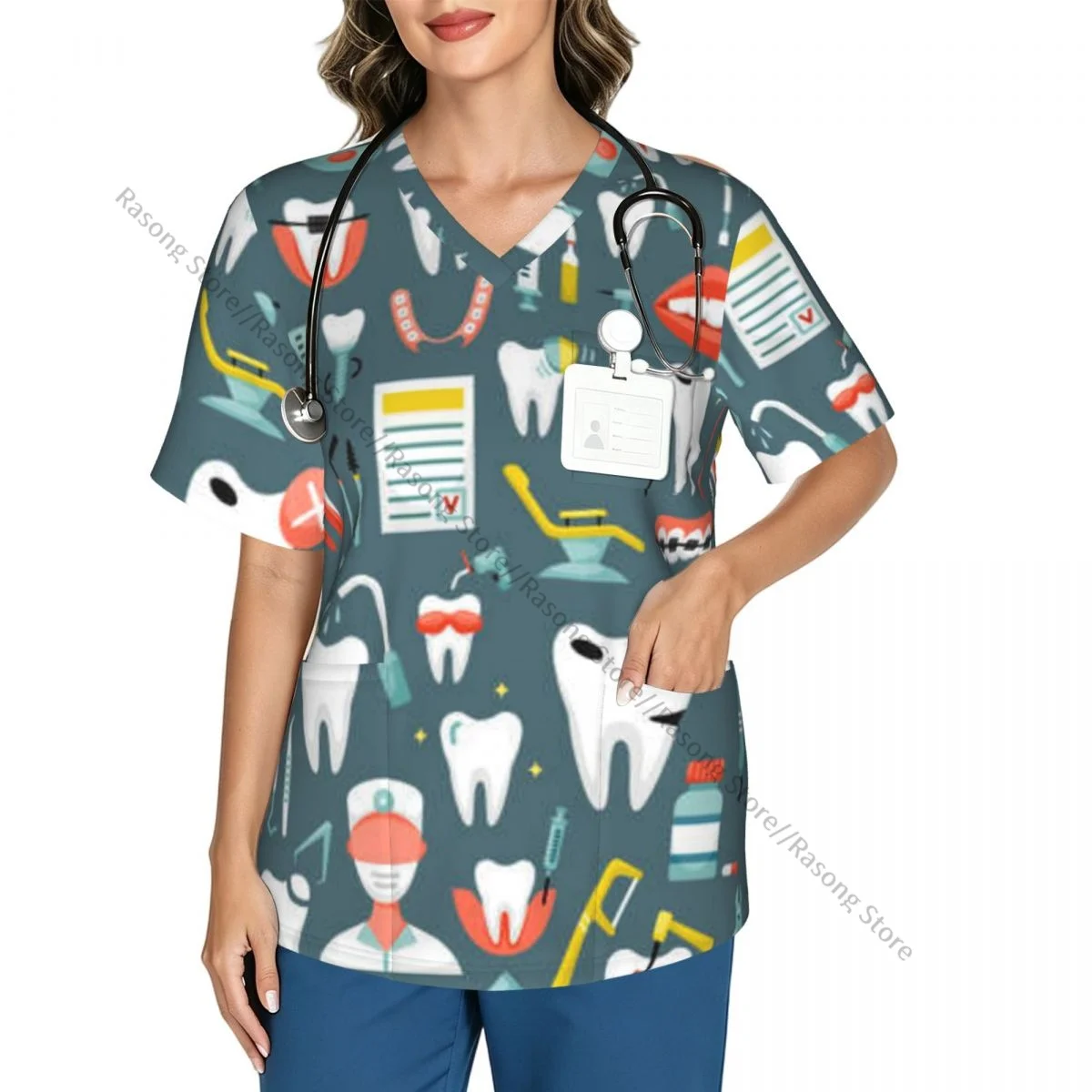 Women's Scrub Tops Short Sleeve Workwear Shirts V Neck Summer Fitness Nursing Uniform Dental Pullover Spa Doctor Nursing Shirt