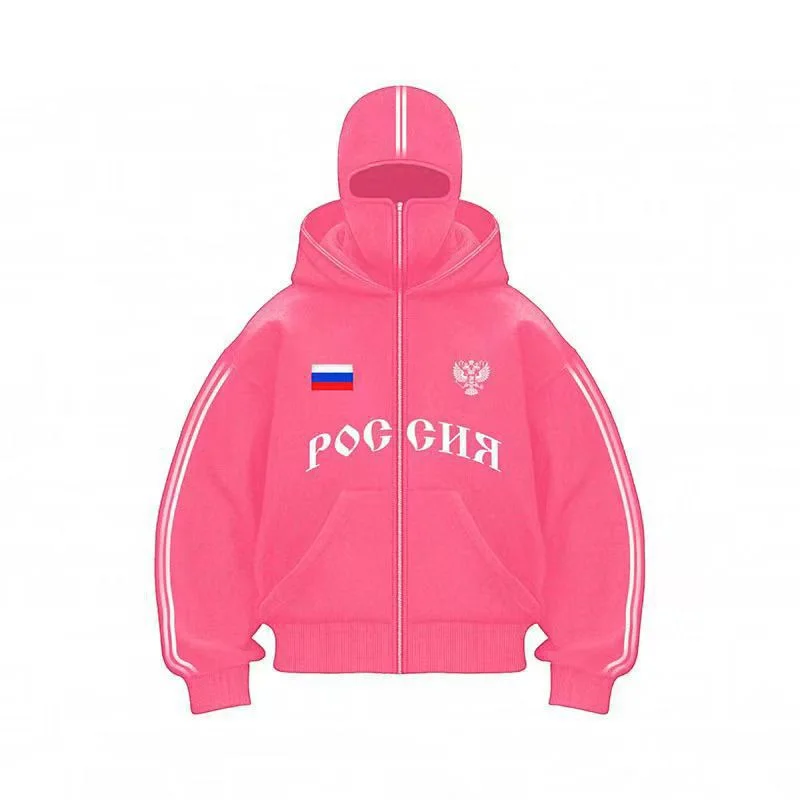 Y2K ملابس الرجال الهيب هوب الخريف روسيا رائجة البيع خمر مزدوجة أغطية رأس بسحاب حروف الجرافيك هوديس بلوزات سترة عادية #5