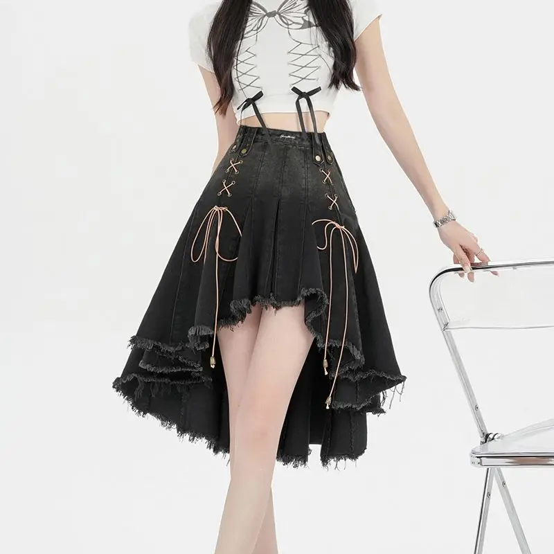 Jupes en denim taille haute pour femmes, jupes dégradées irrégulières, design à lacets A-Line, streetwear chic All-Match, été populaire, rétro Ins