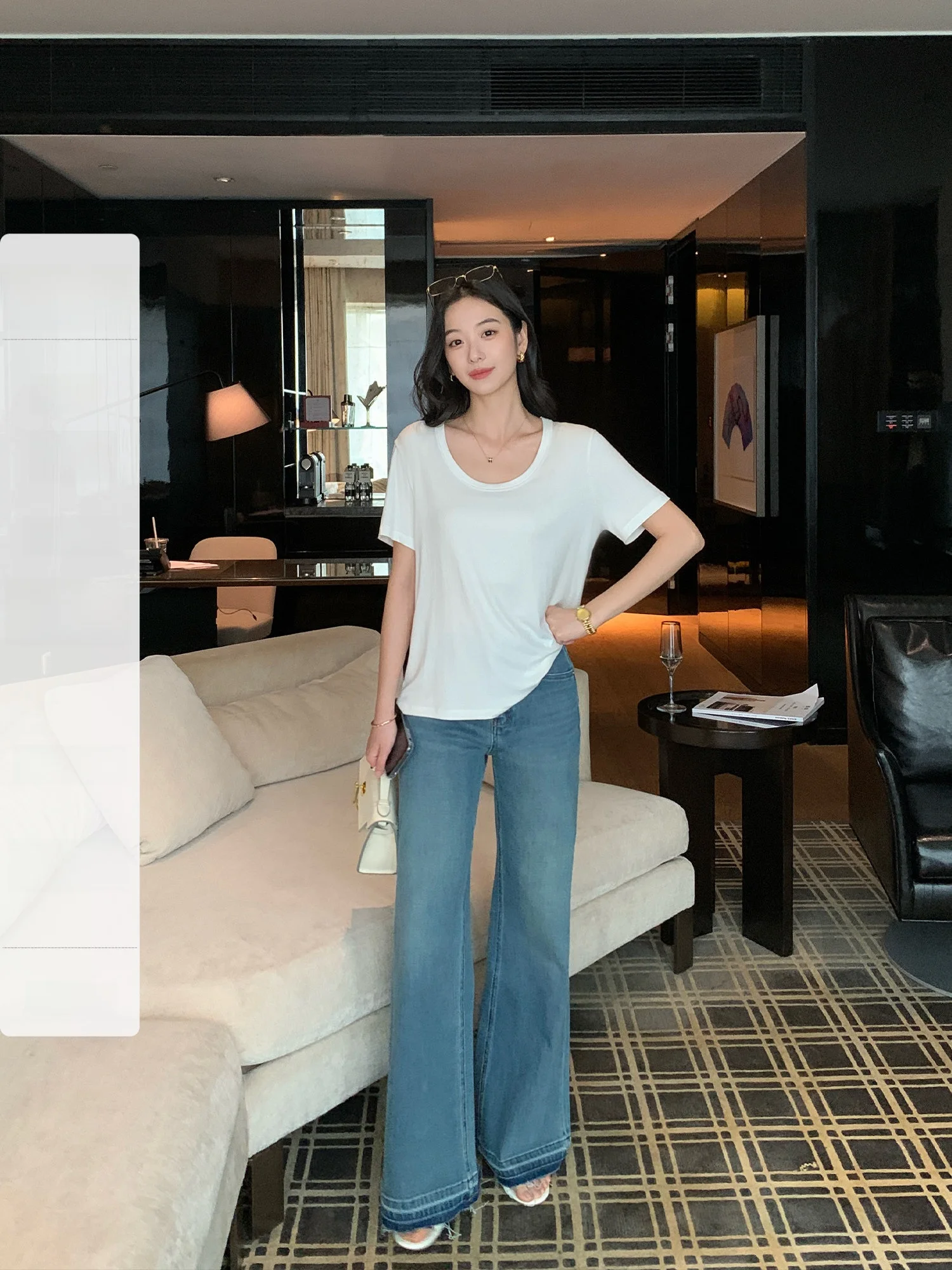 

Mulvan High Waist Slimming Casual Women's Bell Bot Jeans Cotton Stretch Denim Pants High Elastici Four-Sided Geometry