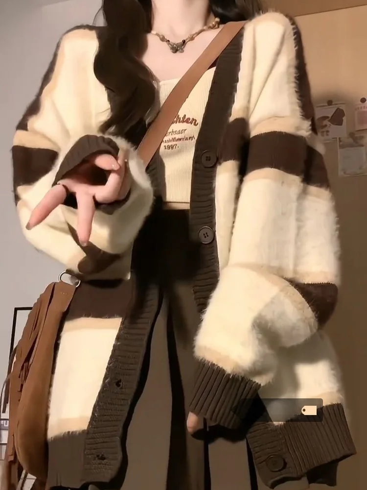 

Американский ретро-кардиган в полоску, мягкий, свободный, вязаный, для женщин, весенняя новинка, модный студенческий стиль