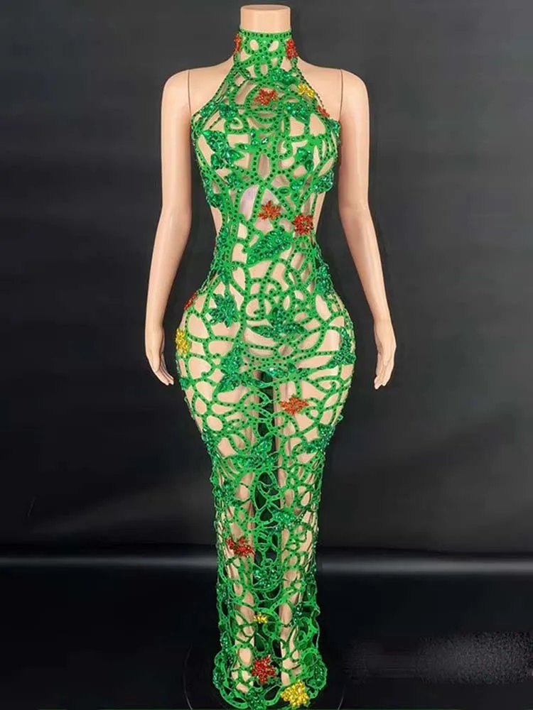 Wysokiej jakości kolor Rhinestone seksowna wisząca sukienka z wycięciem pod szyją 2025 nowych moda niestandardowa odzież damska