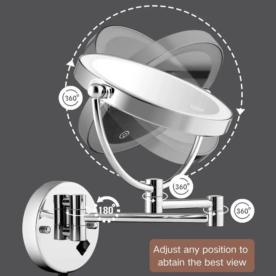 مرآة مكياج مضاءة مع تكبير، مرآة مكبرة مثبتة على الحائط 8 بوصة 1X 10X للحمام، قابلة للتعتيم باللمس، 360 دي