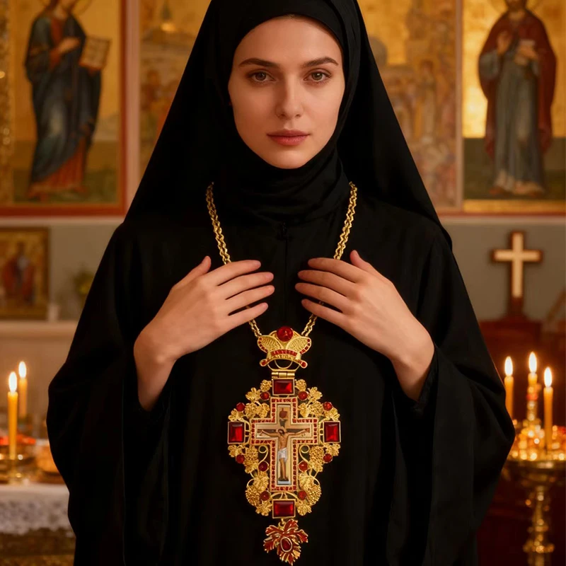 New 2026 Gold Plated Pectoral Cross Crucifix Religious Necklace Byzantine Art and Orthodox Tradition Holy Cross Priests Box Gift