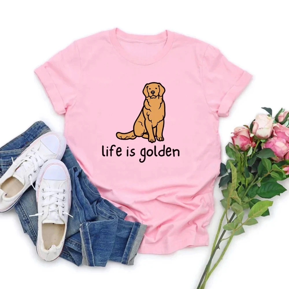 Cute Golden Retriever Dog Mom Life Is Golden Crew Neck Women Tee Casual Short Sleeve English Retriever Gift Y2K Style Women Top