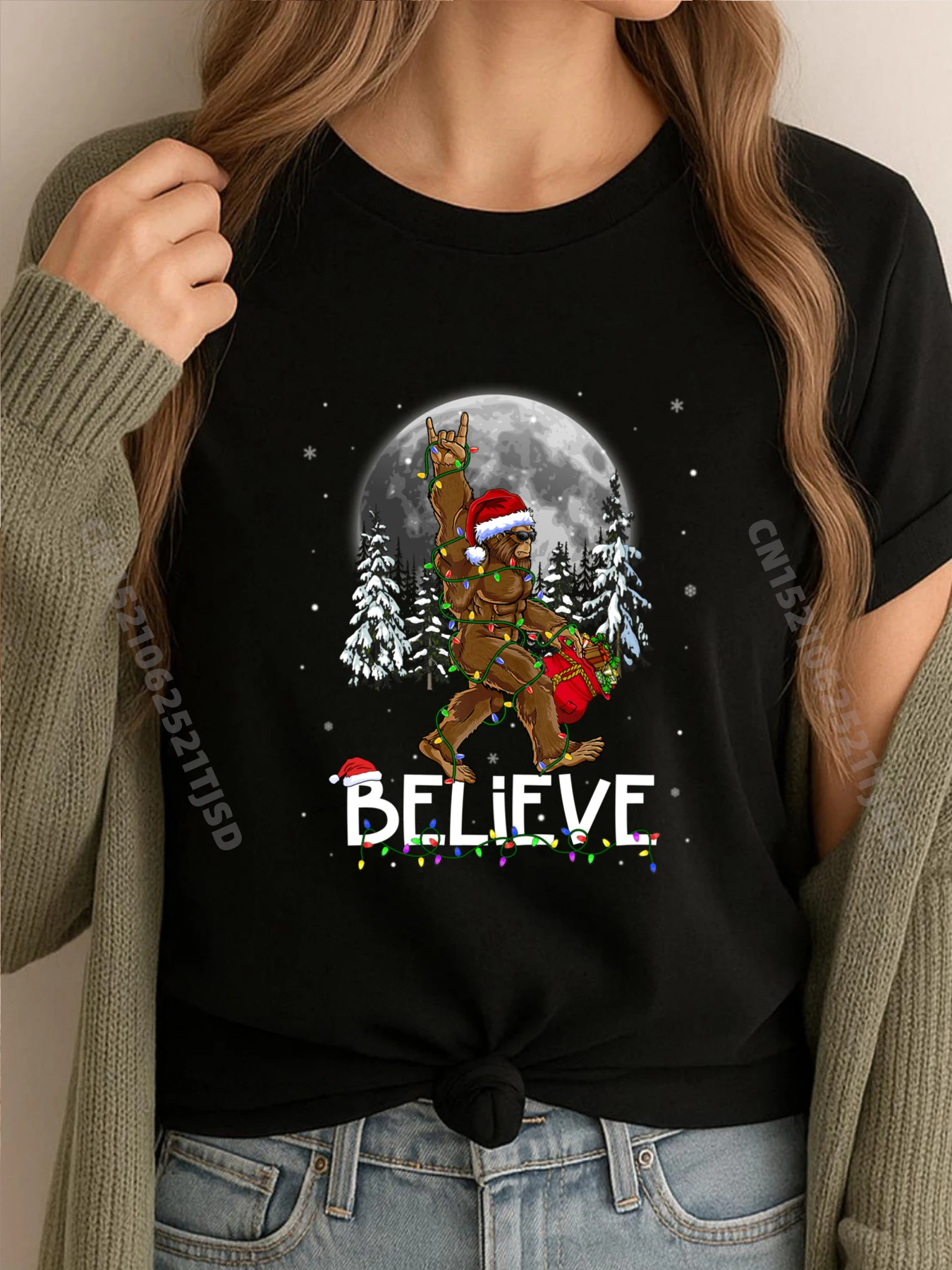

Santa Bigfoot Christmas Lights Sasquatch Believe Xmas Black Graphic Tees Gifts For Woman Tshirt Woman