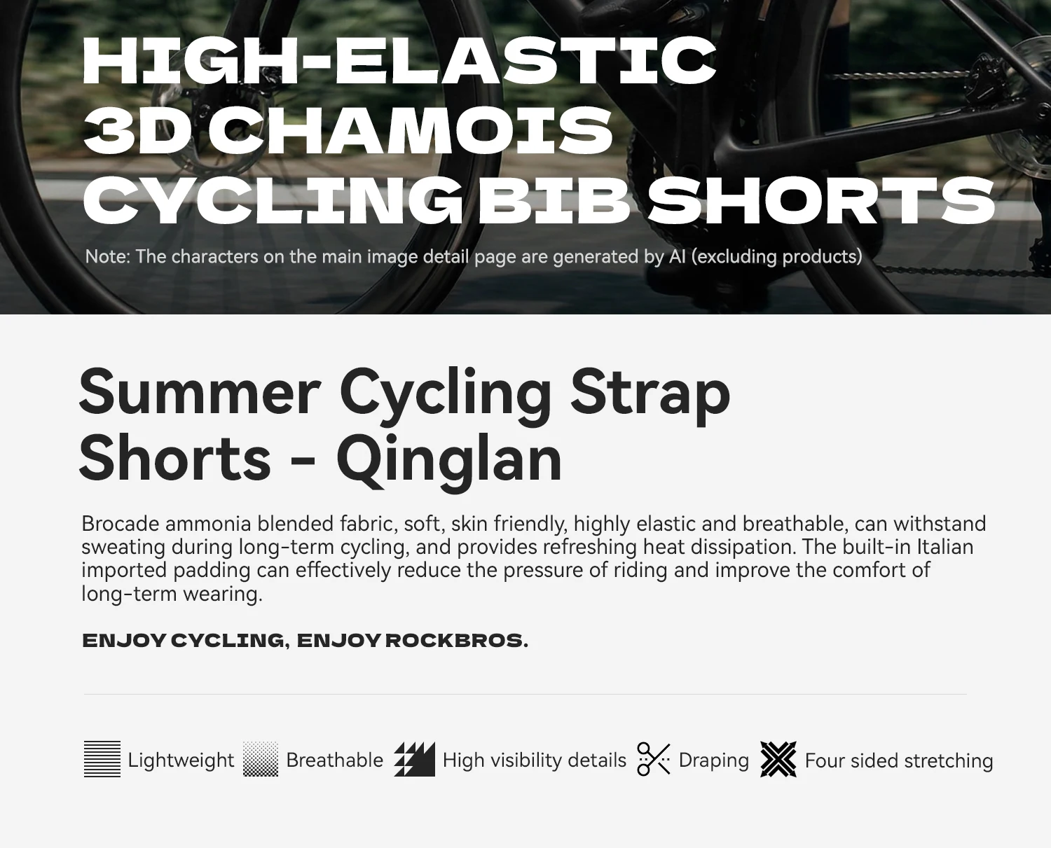 ROCKBROS Fahrrad-Trägerhose für Herren, Sommer, atmungsaktiv, bequem, hochelastisch, mit 3D-Stoßdämpfung – Detail 2
