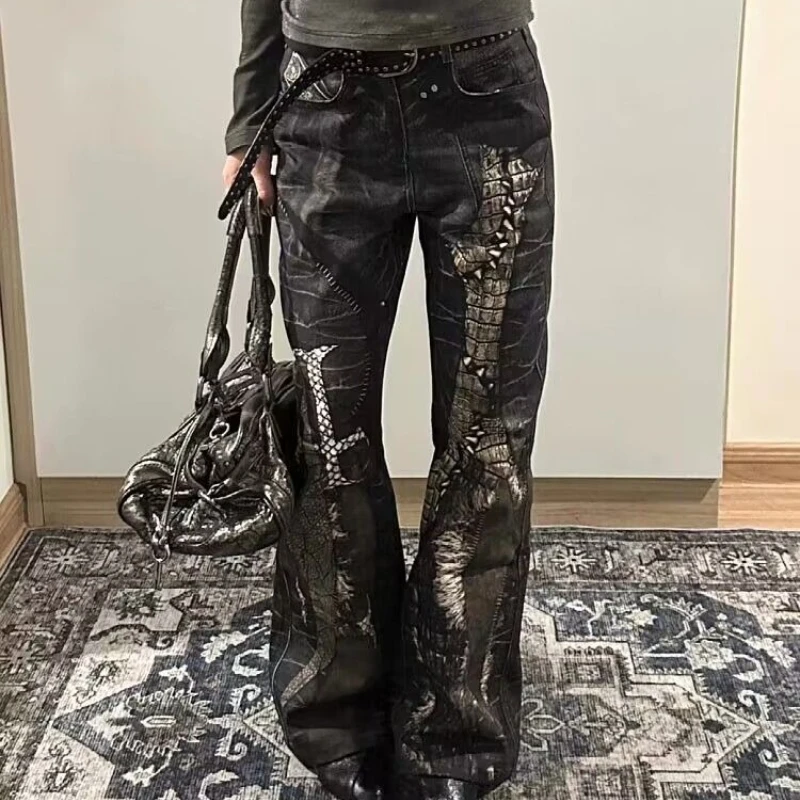 American Vintage Full Length Bootcut Jeans Sexy Women Casual Print Patchwork Denim Zipper Gothic Style Streetwear 2025 Autumn