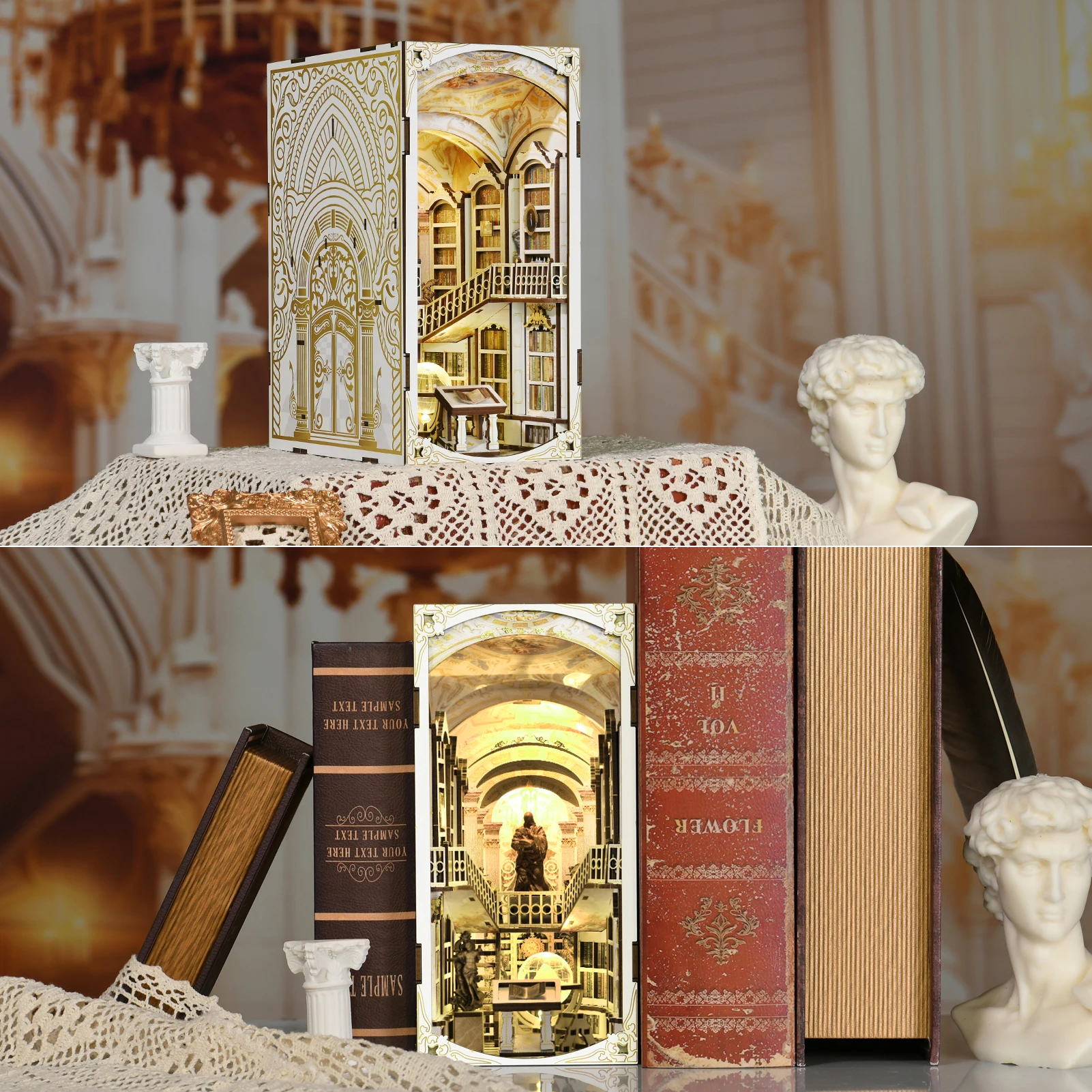 Book Nook Kit, DIY Miniature Dollhouse Booknook Kit, 3D Wooden Puzzle Bookend Bookshelf Insert Decor with LED Light for Teens an