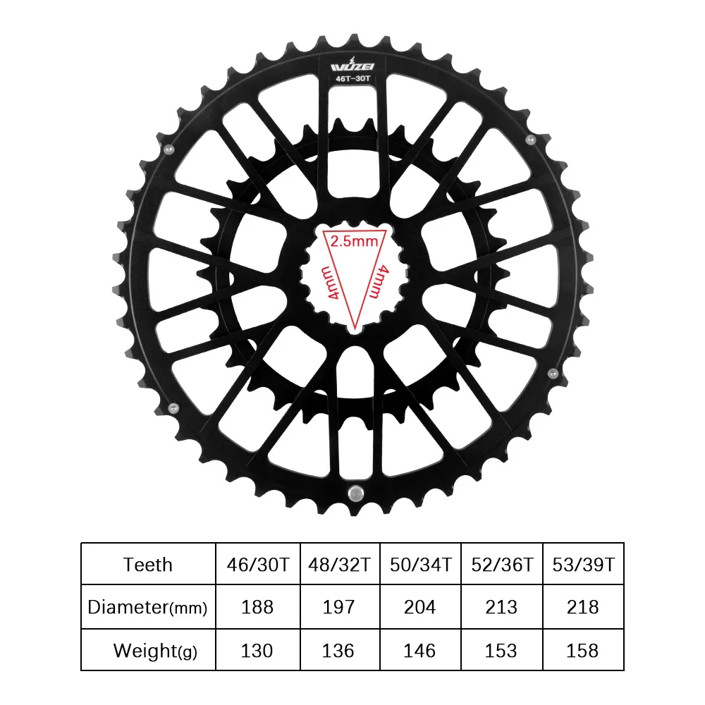 WUZEI 3-Loch Rennrad-Kettenblatt 2X 46/30T 48/32T 50/34T 52/36T 53/39T Faltbares Gravel-Kettenblatt 8/9/10/11/12-Gang 11/12V – Detail 3