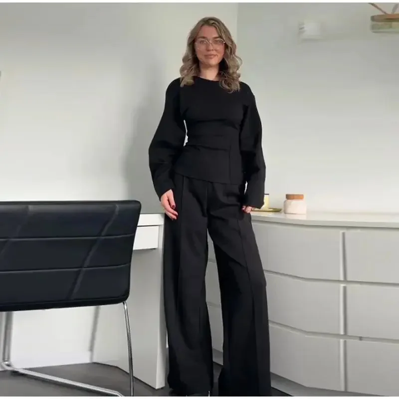 Casual Top Trousers Women Suit O Neck Long Sleeve Pleated Pullover Wide Leg Pant Female Suits 2025 Spring Autumn Lady 2 Pcs Set