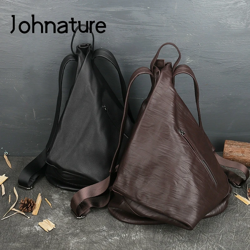 Johnature 2024 New Retro Genuine Leather Backpack Leisure Large Capacity Women Bag First Layer Cowhide Solid Color Travel Bags