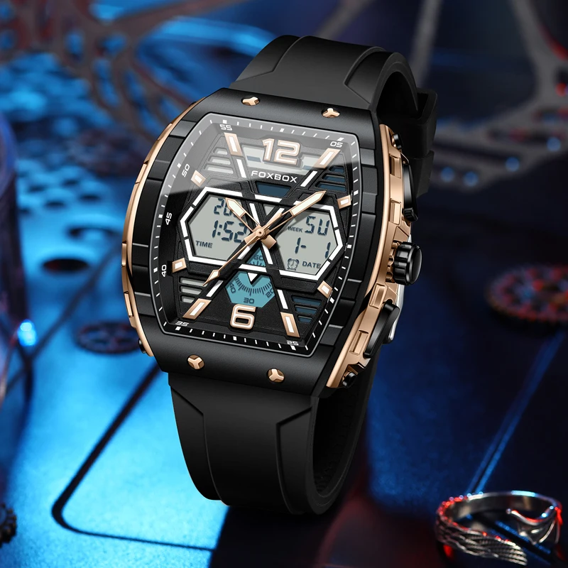 Relogio Masculino FOXBOX Men Watch Luxury Waterproof Quartz Dual Display Wristwatch Luminous Sports Silicone Clock Man Watches