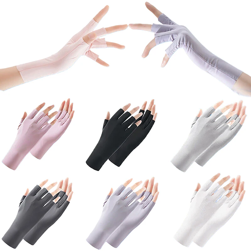 1Pair Summer Anti-uv Fingerless Gloves Pure Color Ice Shreds Breathable Thin Sunscreen Mittens Nail Art UV Resistant Gloves