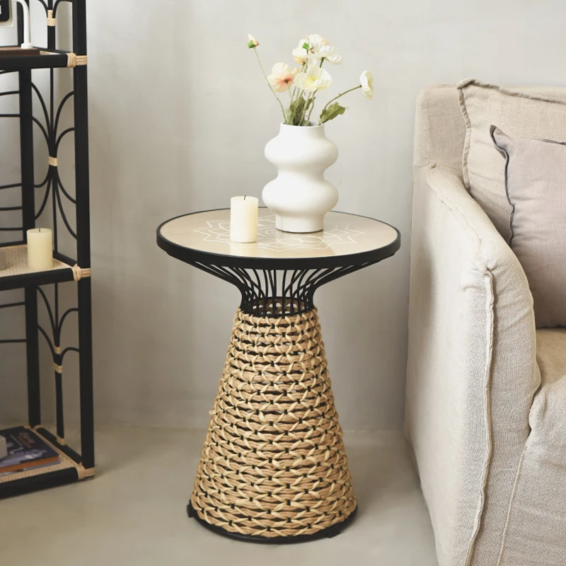 

Nordic round sofa edge wabi-**** wind paper rope weaving living room small coffee table balcony tea table simple homestay corner