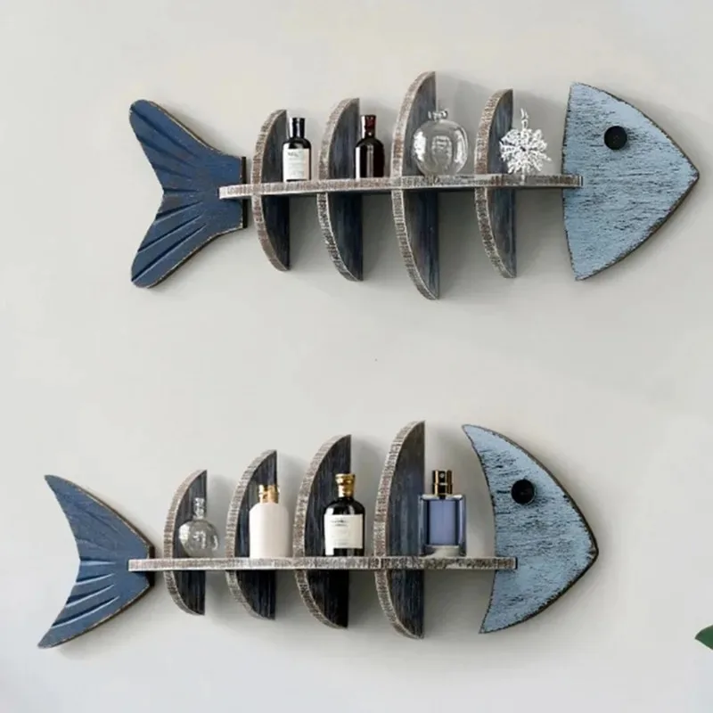 Mediterranean Style Wooden Fish Skeleton Wall Shelf Decorative Hanging Storage for Home or Coastal-Themed Rooms, Nordic Design