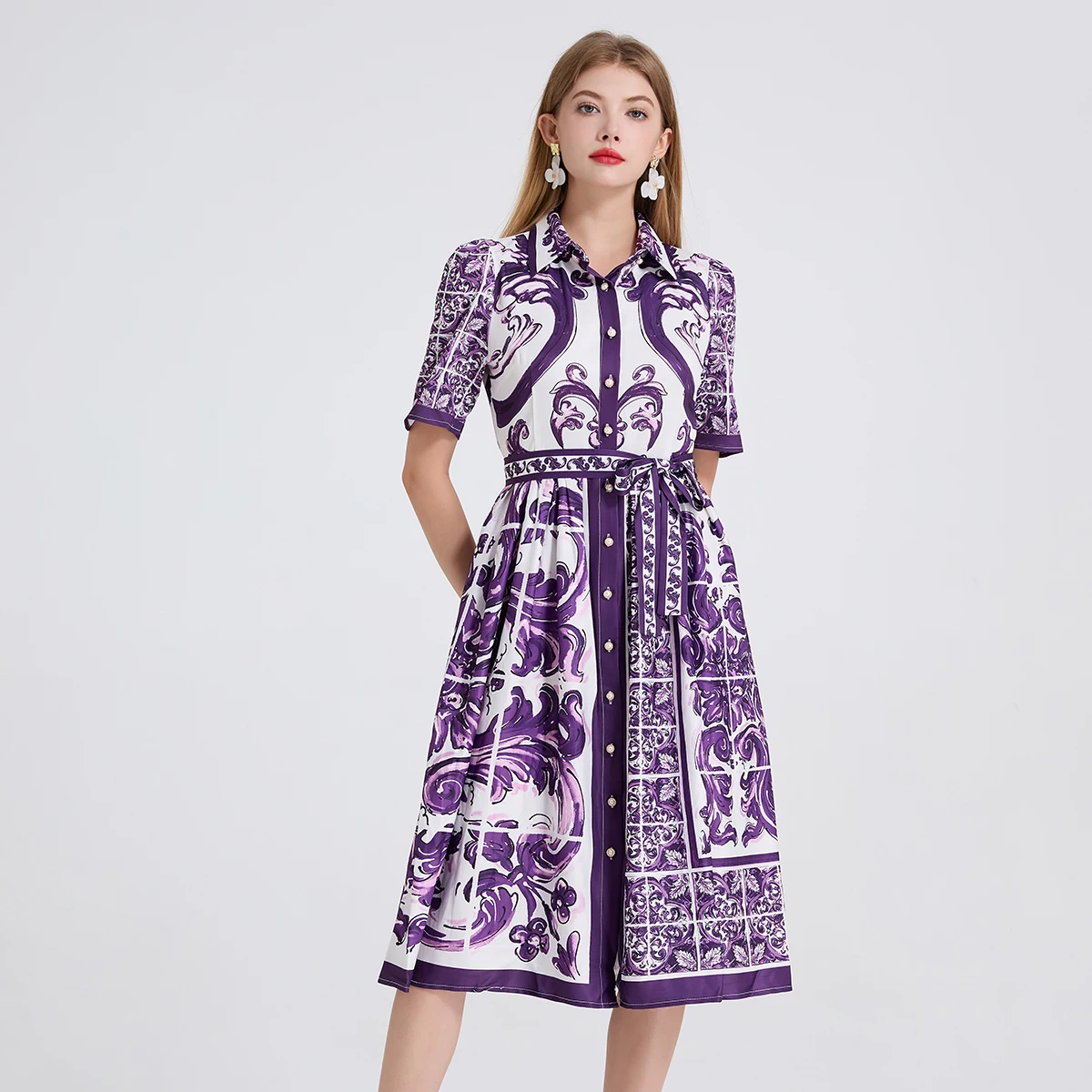 

Summer Short Sleeve Lapel Shirt Dress for Women Casual Vintage Print A-Line with Bow Belt Single Breasted Fashion Female Clothin