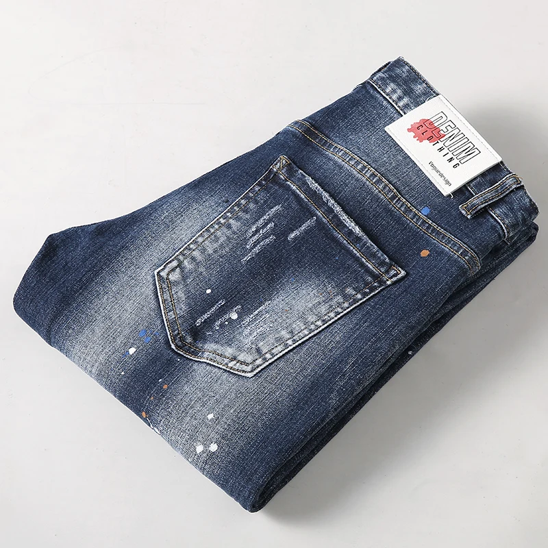 Street Fashion Men Jeans Retro Blue Elastic Stretch Skinny Fit Ripped Jeans Men Vintage Trousers Painted Designer Hip Hop Pants