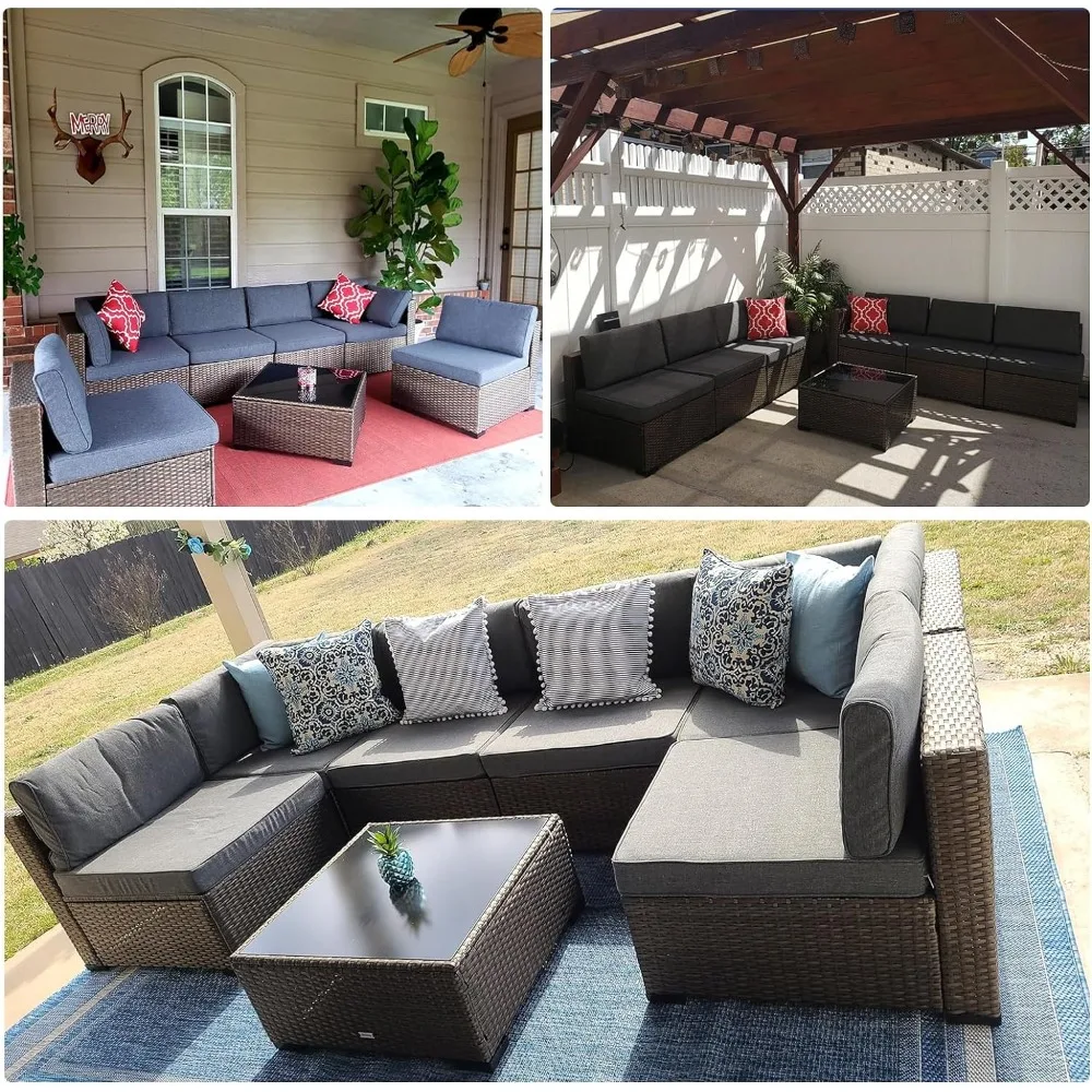 7 Piece Patio Furniture Set - Outdoor PE Rattan Sectional Sofa, Wicker Conversation Set with Washable Cushions and Coffee Table