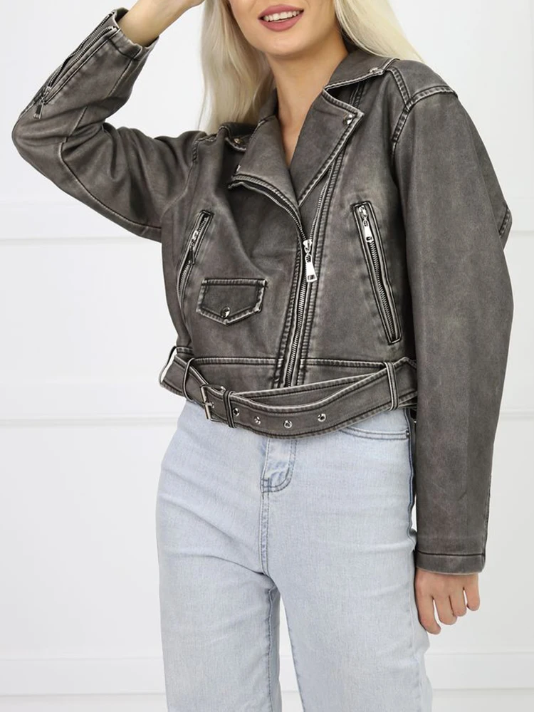 

Женская короткая куртка Ailegogo из искусственной кожи, винтажная уличная одежда на молнии, с поясом, верхняя одежда, весна-осень