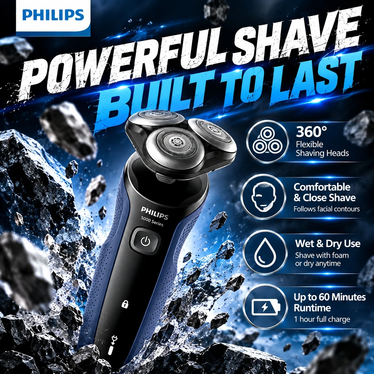 Philips Men's Electric Shaver S5277/02 Rotary Razor Wet Dry Shaver 6D Flexible Heads SkinIQ IPX7 Beard Trimmer Shaving Machine