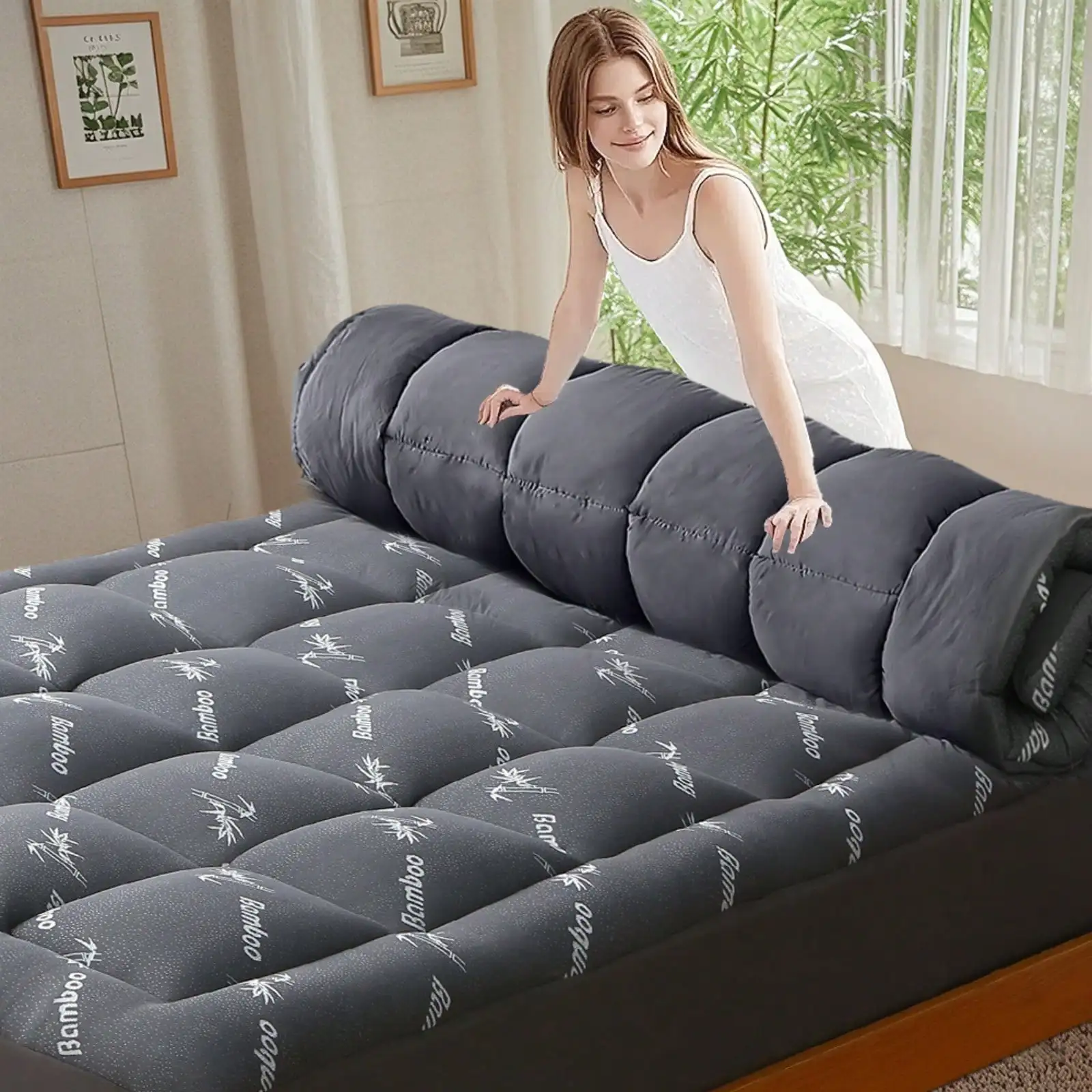 Bamboo Fiber Pillow Mattress Topper - Thick Mattress Pad With High Quality Bottom, Breathable & Cool Mattress Topper Soft Mattress Cover With 8-21inch Deep Pocket