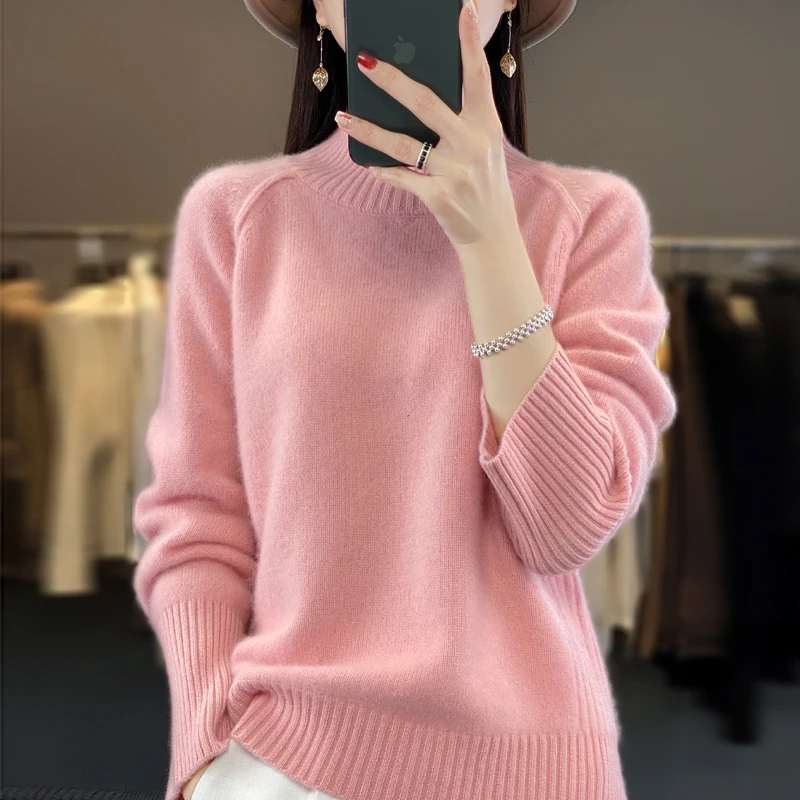 Autumn and winter new half-high-necked 100% wool ladies knitted bottoming shirt loose thickened warm solid color sweater coat