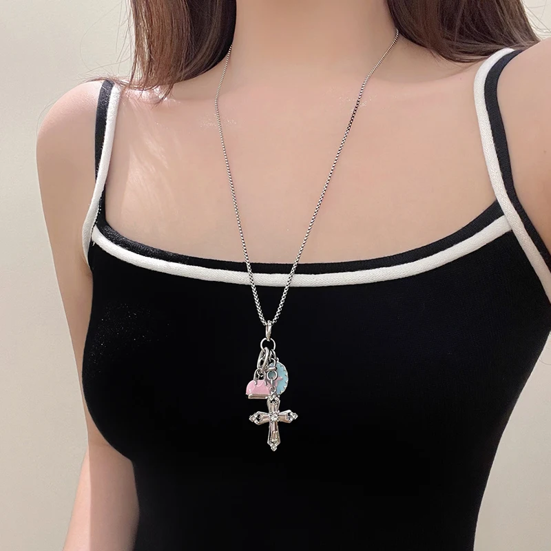 Y2K Millennial Multi-element Bag Cross Necklace Edgy-Cute Subculture Niche Vibe Sweatshirt Chain Women's Accessory
