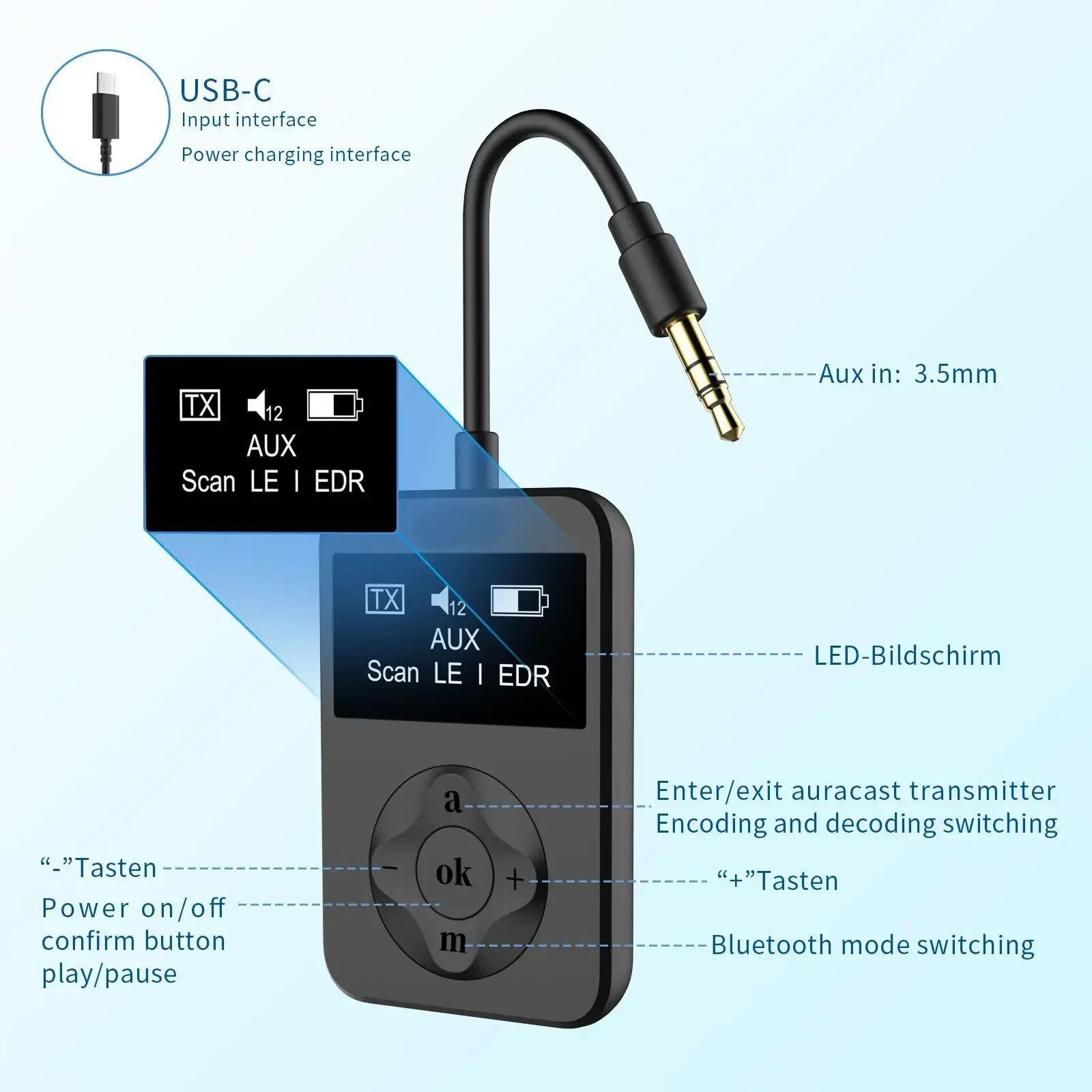 Hot Wireless Transmitter Blue-tooth 5.4 LE Audio Adapter for Headphones/LC3/Airplane/TV/PC/Gaming with Auracast Aptxlossless