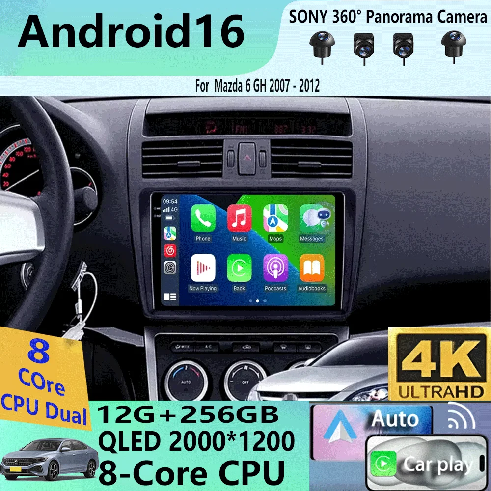 Android16 Carplay Auto Car Radio For  Mazda 6 GH 2007 2008 2009 2010 2011 2012 Multimedia GPS Video Player Stereo 2din Head Unit