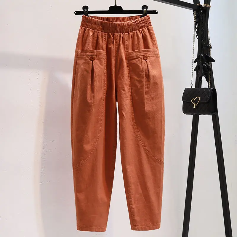 2024 Style Summer Casual Women's Fashion Solid Color Pockets Elastic Waist High Waist Loose Straight Haren Ankle Length Pants