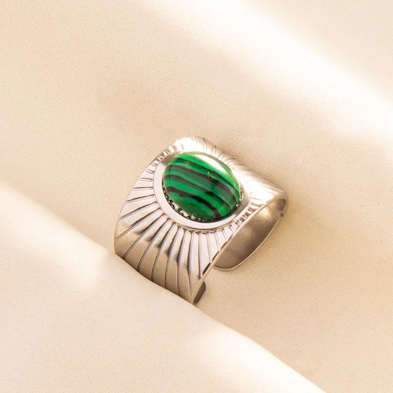 2024 New Vintage Natural Stone Ring for Women Men Silver Color Metal Trendy Geometry Rings Jewelry Water Proof Stainless Steel