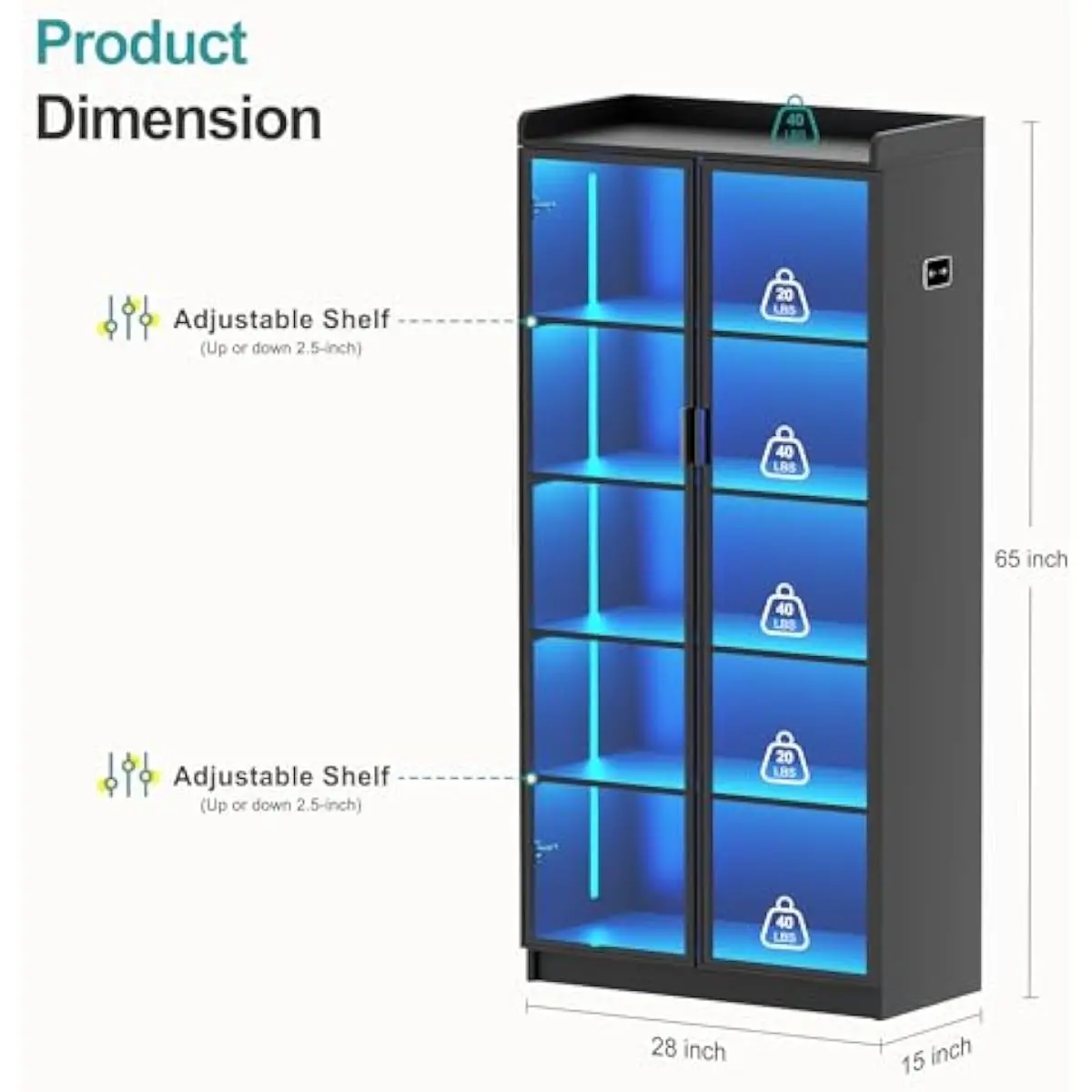 5 Tier Display Cabinet with LED Lights & Human Body Induction, Black