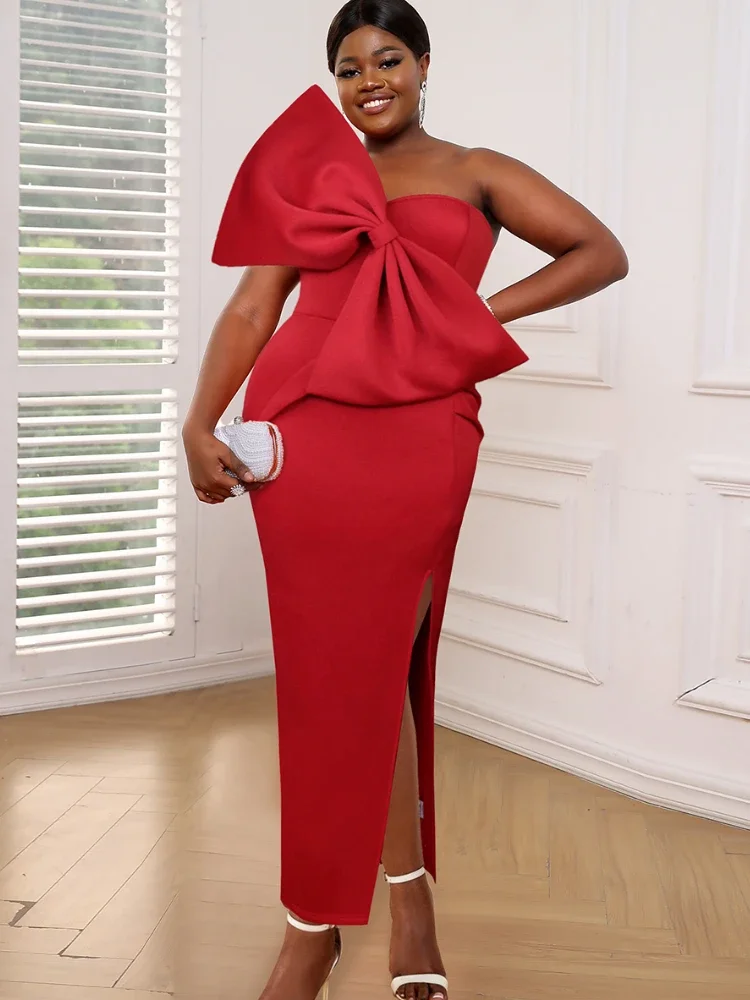 Robe de soirée rouge pour femmes, grande taille, grand nœud, sangle à une sangle initiée, robe de cocktail pour dames africaines, invité de mariage