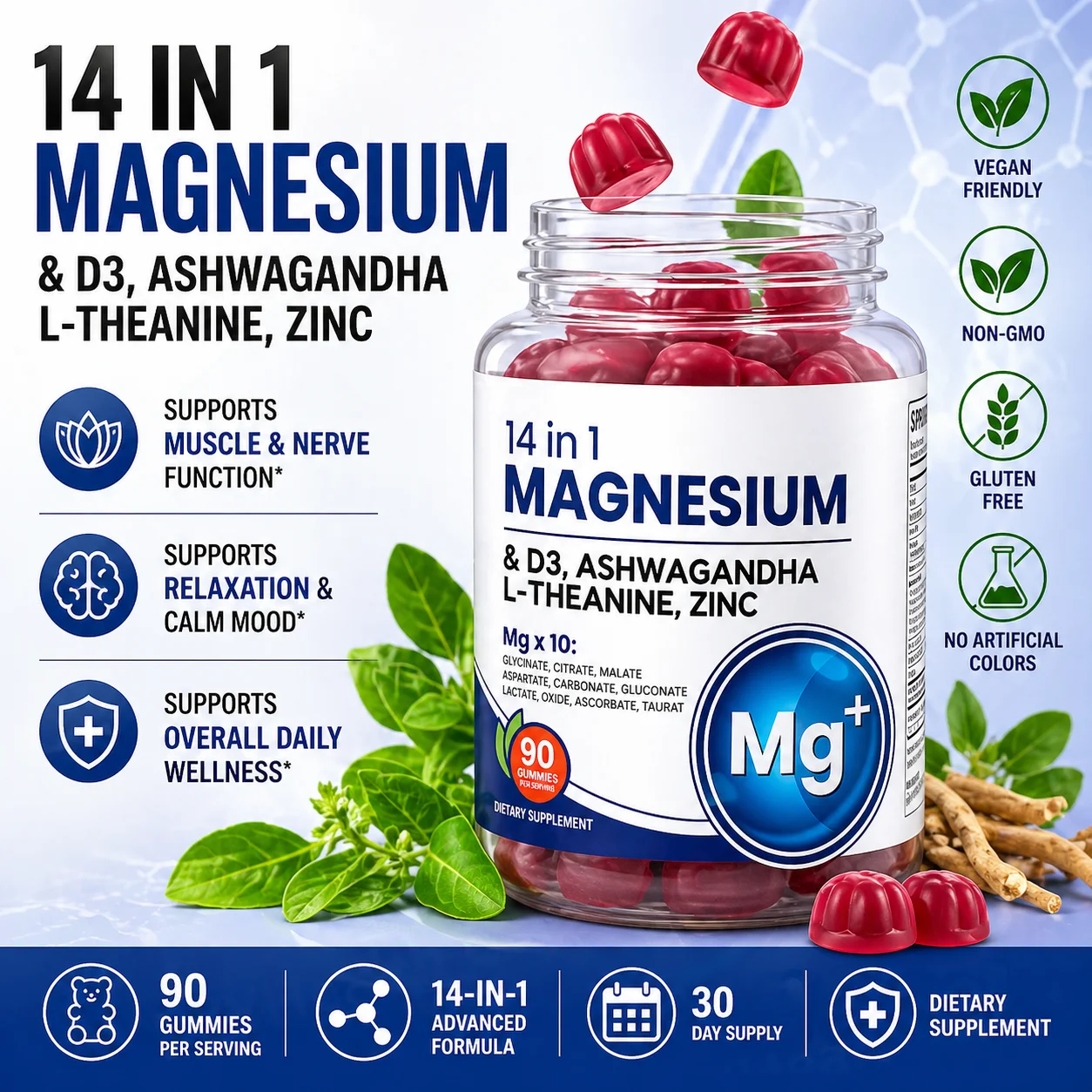 Magnesium Gummiy with Vitamin D3 Zinc and L Theanine Multi Magnesium Complex Daily Wellness Supplement Natural Nutrition Support