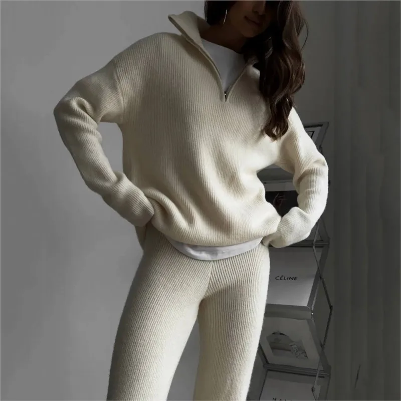 

2025 Spring Autumn New Women's Chic Casual Half-Zip Collared Knit Two-Piece Set Elegant Solid Color Sweater Set