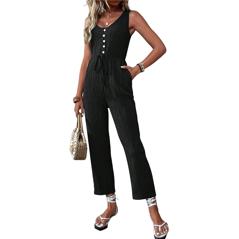 レディースジャンプスーツ　ドレッシー　夏　ノースリーブ　Uネック　カジュアル　ワイドレッグ　ロングパンツ　ロンパース　2025