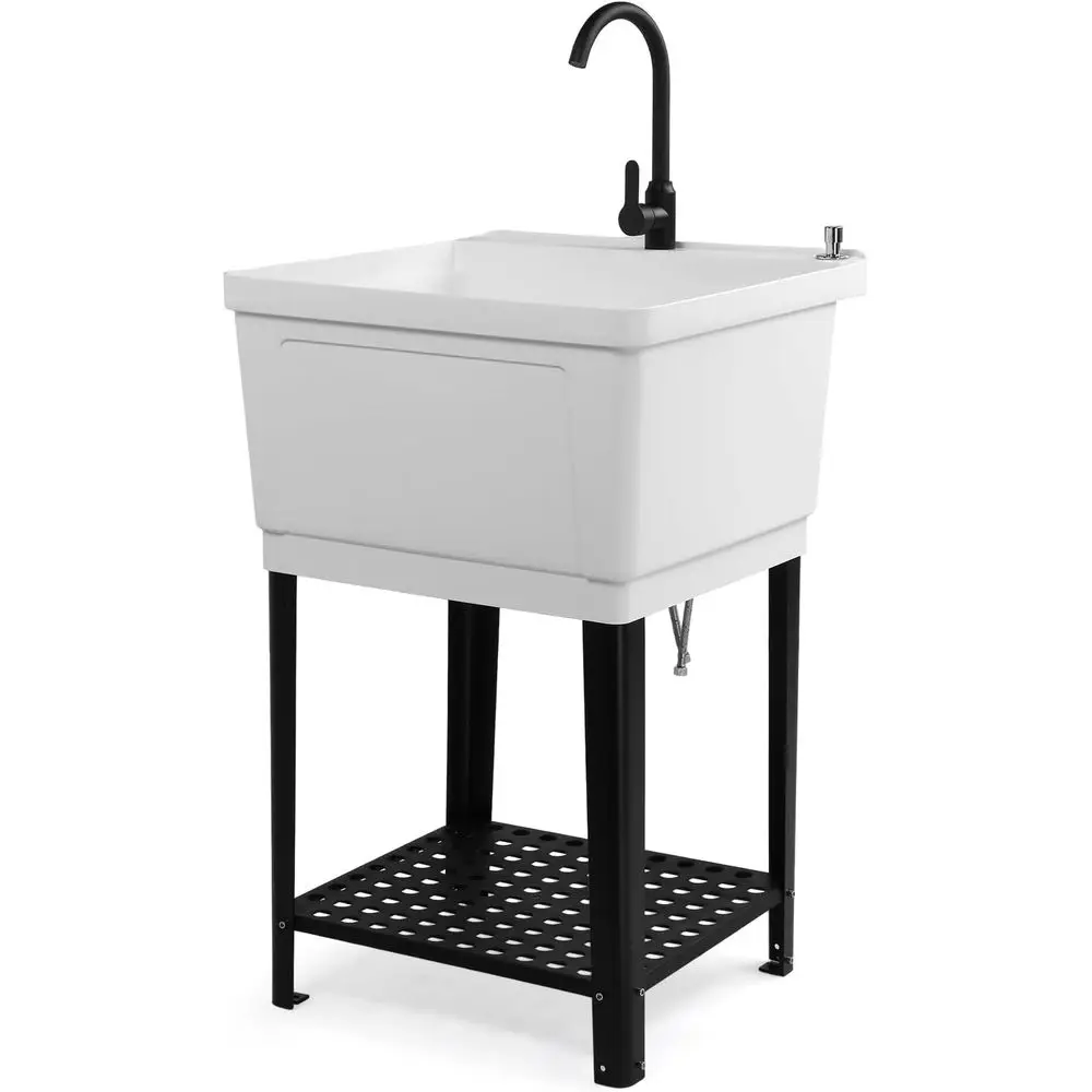 

Пластиковая хозяйственная мойка на 21 галлон, отдельностоящая, с краном для горячей и холодной воды, дозатором для мыла, сливной пробкой и железными ножками, с отсеком для хранения