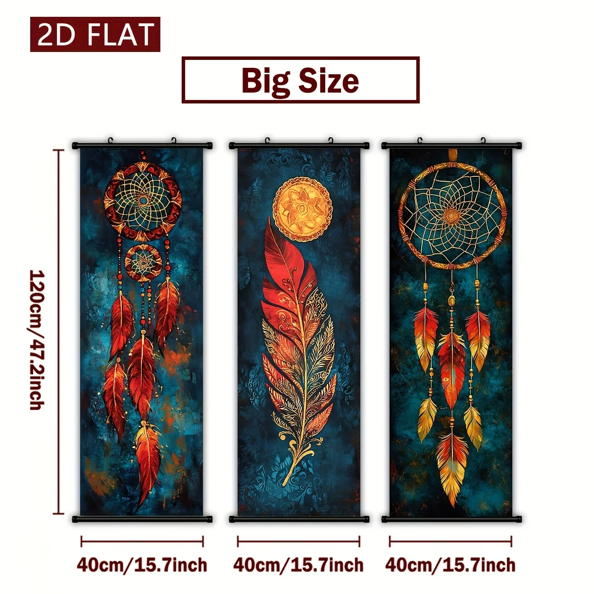 VIKAMA Boho Dreamcatcher Feather 3 Piece Wall Scroll Tapestry Set Bohemian Wall Art Decor for Living Room Bedroom Dorm Gift
