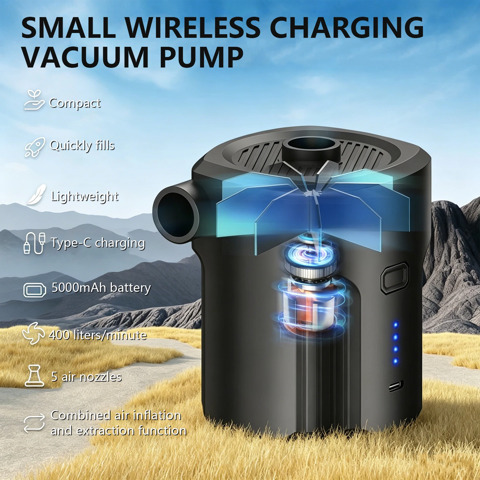 【2026 New】Cordless Electric Air Pump Inflate Deflate 400L/min 5000mAh 5 Nozzles for Air Mattress Boat Pool Floats Camping