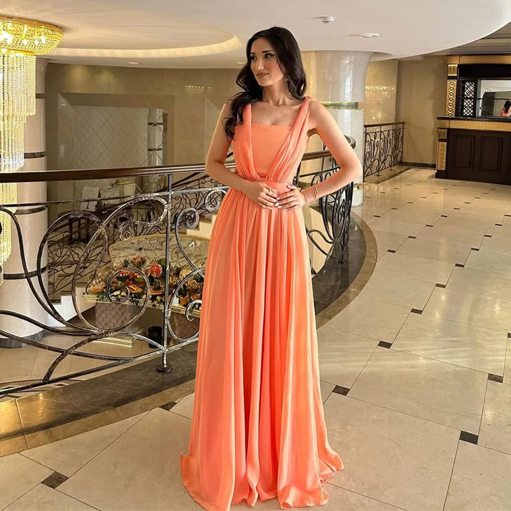 

Toofgon Simple Strapless A Line Chiffon Evening Dresses Customized Orange Long Special Occasion Party Dress Wide Strap Prom Gown