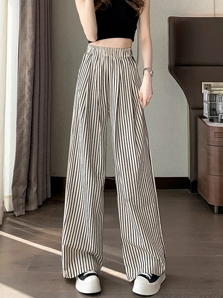 New Arrvials Summer Thin Print Striped Wide Leg Pants For Women 2024 Elastic Waist Casual Loose Full Trousers Female