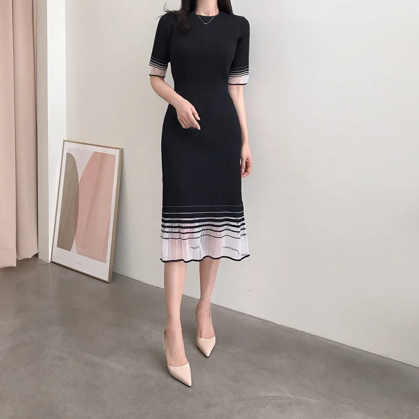 REALEFT Summer Mesh Patchwork Women\'s Midi Dresses 2024 New Vintage Short Sleeve O-Neck Korean Sheath Wrap Dress Female